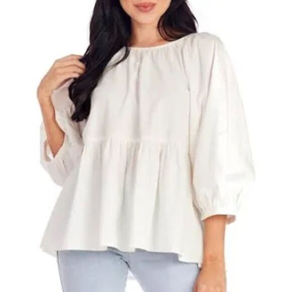 Anthropologie Mustard Seed Cream Blouse with 3/4 Sleeves and Relaxed Fit - Picture 1 of 5